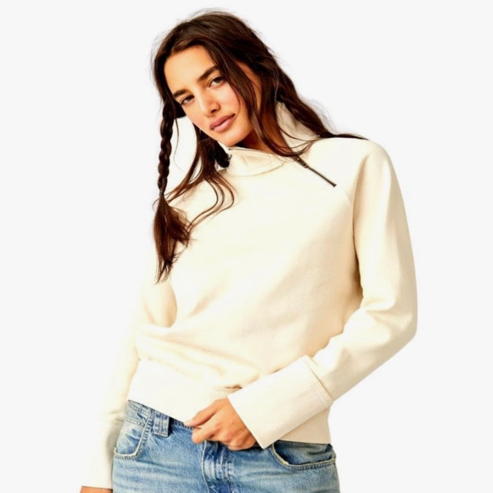 Free People Just A Game Neutral 1/4 Zip Mock Neck Sweatshirt Size Large